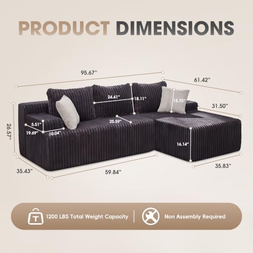 Boneless Couch Modular Sectional Sofa L-Shape Cloud Couch Lounge | 96" Right Facing Chaise Darkgrey,Memory Foam,Removable Cover,Non-slip Bottom,No Assemble Required,Furniture for Small Home