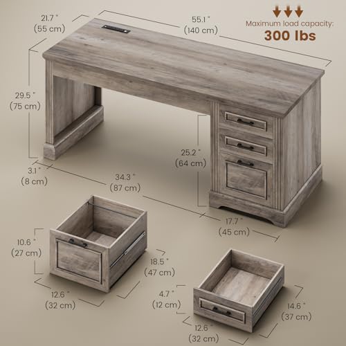 Farmhouse 55" Executive Desk, Computer Desk with Storage Drawers and Power Outlet, Home Office Desk, Workstation for Office Home, Grey