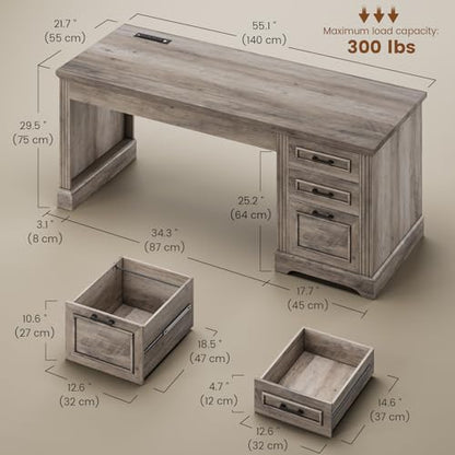 Farmhouse 55" Executive Desk, Computer Desk with Storage Drawers and Power Outlet, Home Office Desk, Workstation for Office Home, Grey