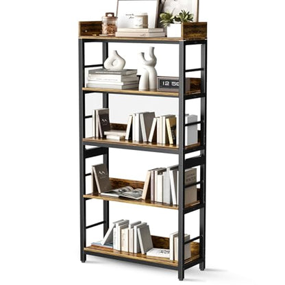 Bookshelf, 66" H 5-Tiers Heavy Duty Industrial Shelving Wood & Metal Bookcase, Rustic and Black Tall Shelf Units for Home, Office, Living Room