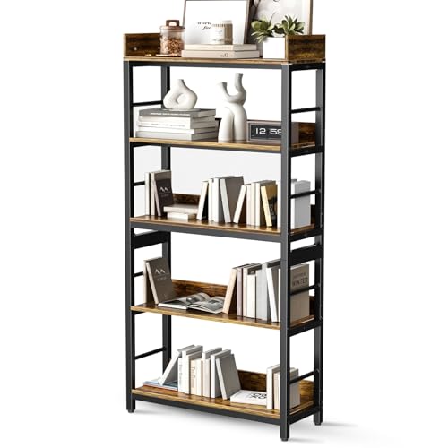 Bookshelf, 66" H 5-Tiers Heavy Duty Industrial Shelving Wood & Metal Bookcase, Rustic and Black Tall Shelf Units for Home, Office, Living Room