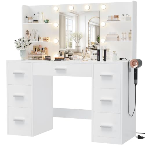 Vanity Desk with LED Mirror,Power Outlet,7 Drawers Makeup Table, view 2