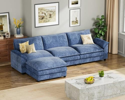 119" Modular Sectional Sofa, L Shaped Sofa Couch with Reversible Ottoman, DIY Combination Chenille Deep 3-Seat Cloud Couch for Living Room, Apartment (Dark Blue, L Shaped Sofa)