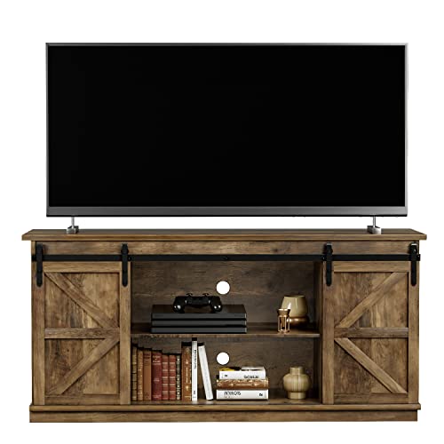 ZPK Farmhouse TV Stand for 65 Inch TV, Modern Television Stands Mid Century Media Entertainment Center with Sliding Barn Doors and Storage Cabinets, Console Table for Living Room, Bedroom (Rustic Oak)