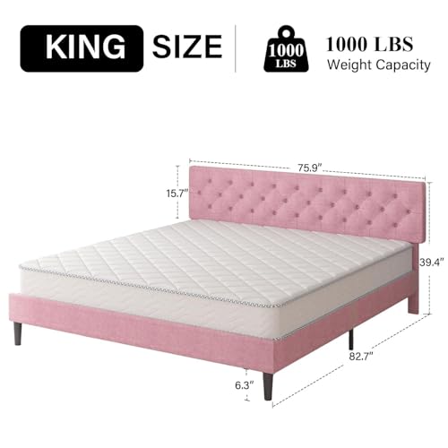 King Size Bed Frame, Linen Fabric Upholstered Bed Frame King Size with Headboard, Wood Slats Support, Button Tufted Design, No Box Spring Needed, Pink