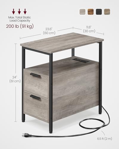 VASAGLE Side End Table with Charging Station, Slim Nightstand with 2 Drawers, Narrow Bedside Table for Living Room, Small Spaces, Heather Greige and Ink Black ULET321B02V1S