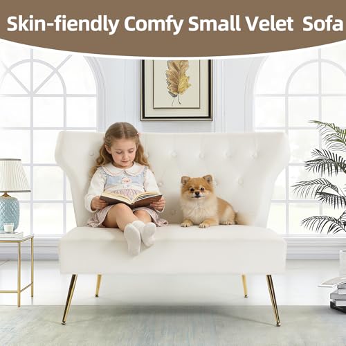 Small White Velvet Sofa, Soft Upholstered 40’’ Armless Loveseat Couch with High Density Foam, Modern Tufted Cushion with Gold Legs for Bedroom, Dorm, Apartment, Girls, Teens, Easy Assembly