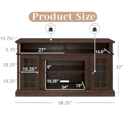 Traditional American Country Style TV Stand with Glass Door, 58"W Large Entertainment Center with Open Shelves, Home Entertainment Console Table for TV Up to 65'', Rack for Living Room (Espresso & 2)