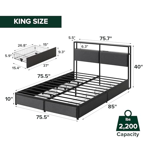 Zinus Michael Upholstered Platform Bed Frame, Four Underbed Drawers, King, view 3