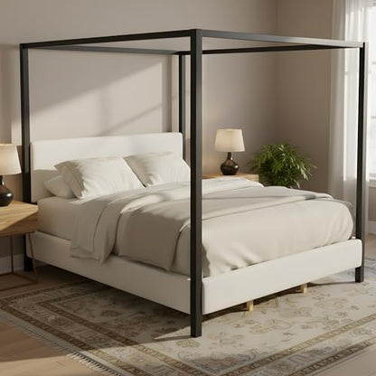 King Canopy Bed with Black Metal Frame and Plush White Bouclé Upholstery, view 8