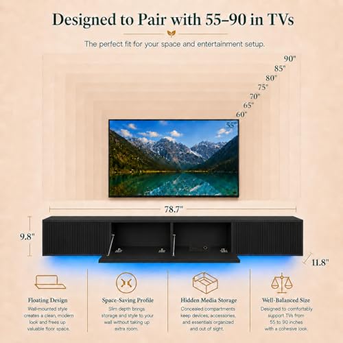 Floating TV Stand 78 Inch Wall Mounted TV Console with Storage Shelves, Modern TV Stand for Living Room Bedroom, Fits 55-90 Inch TV, Wood TV Console Black