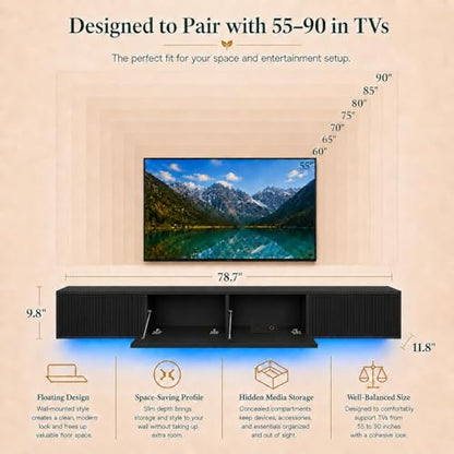 Floating TV Stand 78 Inch Wall Mounted TV Console with Storage Shelves, Modern TV Stand for Living Room Bedroom, Fits 55-90 Inch TV, Wood TV Console Black