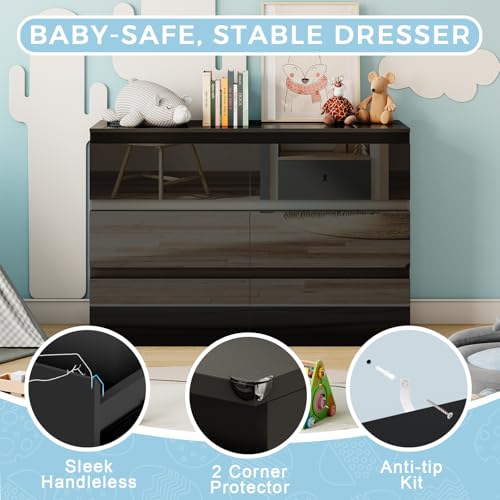 6 Drawer Dresser for Bedroom, 47" Wide Black Wood Chest for Storage, view 4