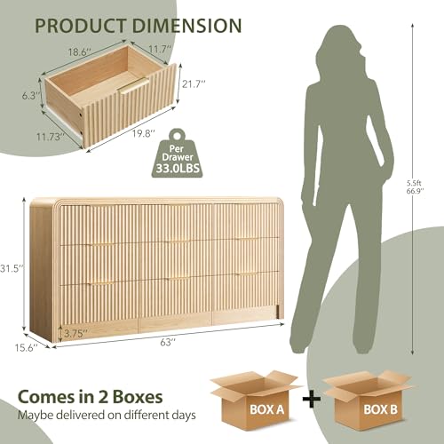 Fluted 9 Drawers Dresser, 63'' Wide Chest of Drawers for Bedroom, view 3
