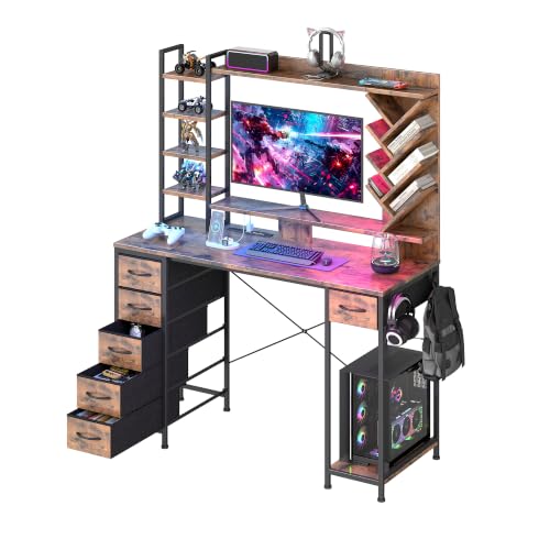 47.24" Gaming Computer Desk with Hutch, 6 Drawers, Rustic Brown, view 2