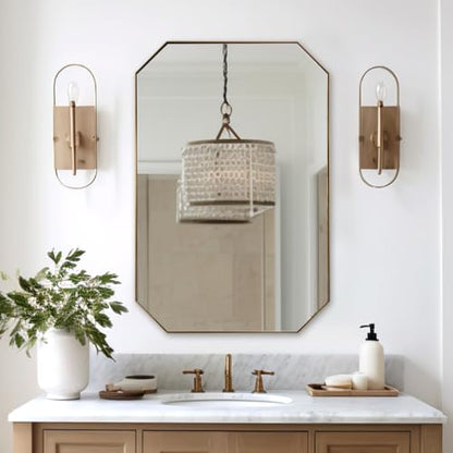 Gold Octagon Bathroom Mirror, 24x36 Inch Stainless Steel Metal Frame, Anti-Rust, Shatterproof HD Glass, Wall Mounted for Bathroom, Bedroom, Living Room