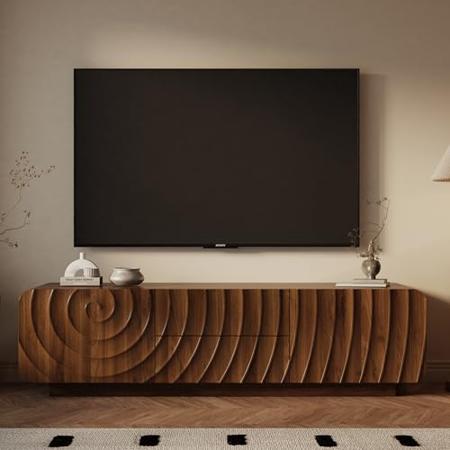 58" TV Console, Spiral Wave Design, 2 Drawers, Media Storage, Walnut, view 7