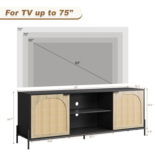 Rattan TV Stand for 75" TV with Storage, 65" Console Table with Metal Legs, view 3