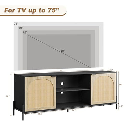 Rattan TV Stand for 75" TV with Storage, 65" Console Table with Metal Legs, view 3