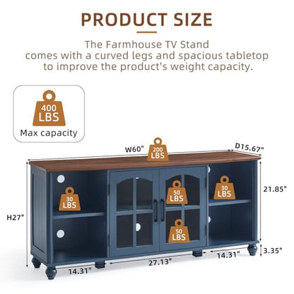 Farmhouse TV Stand for 60 Inch TV, Wood Entertainment Center with Adjustable Shelves & Glass Door Storage Cabinet,Television Stands for 65" TVS,TV Console Table for Living Room,Bedroom,Navy Blue