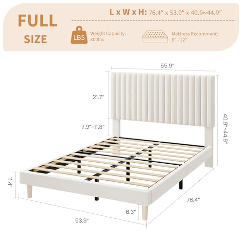 Full Bed Frame with Adjustable Headboard, Velvet Upholstered Platform Bed, view 3