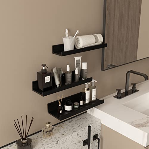 16 Inch Black Floating Shelves for Wall Mount, Woodgrain Wall Shelf Ledge for Bathroom Bedroom Kitchen Living Room Office Storage, Set of 3 Different Sizes