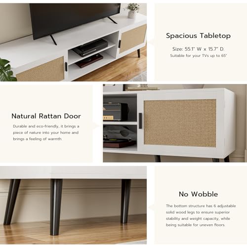 TV Stand with Rattan Doors for TVs up to 65", Mid-Century, White, view 5