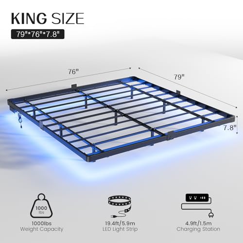 Metal King Size Bed Frame with LED Lights and Charging Station, view 3