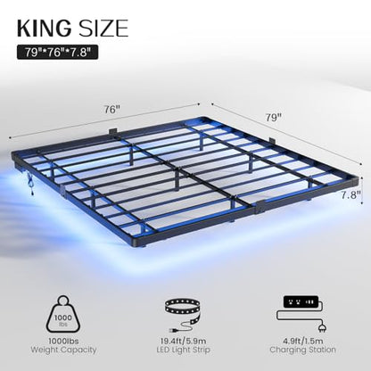 Metal King Size Bed Frame with LED Lights and Charging Station, view 3