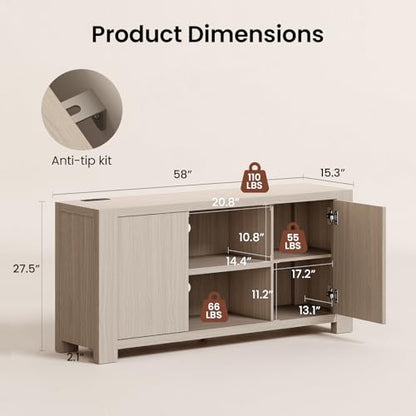58'' TV Stand for TVs Up to 65'', Entertainment Center with Outlet, 2 Storage Cabinet, Wood Television Media Console Cabinet with Adjustable Shelf for Living Room, Bedroom, White Oak Gray