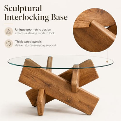 Round Glass Coffee Table, 33.4 Inch Clear Tempered Glass Top Coffee Table with Rustic Wood Crossed Legs, Modern Small Glass Center Table for Living Room Home