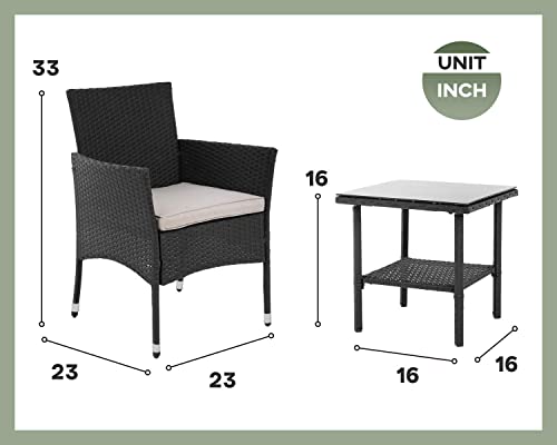 PayLessHere 3 Piece Furniture Patio Chairs Wicker Outdoor Rattan Conversation Bistro Set for Backyard Porch Poolside Lawn (Black)