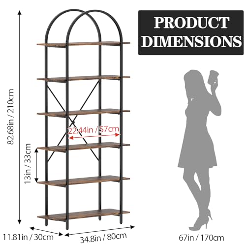 6 Tier Bookshelf, 83" Tall Arched Bookcase, Tall Book Shelf with Metal Frame, Industrial Display Standing Shelf for Living Room, Home Office, Bedroom, Brown