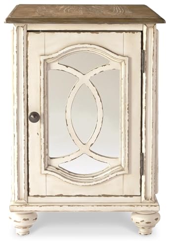 Signature Design by Ashley Realyn Chairside End Table, Living Room Side Table, Antique Two-Tone Mirrored Door, Ash Veneer, Wood and Engineered Wood, White/Brown, 18"W x 24"D x 25"H