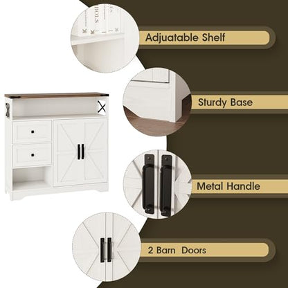 Farmhouse Storage Cabinet with Drawers and Open Storage,Freestanding Kitchen Pantry with 2 Barn Doors, Floor Cabinet with Adjustable Shelf for Living Room,White