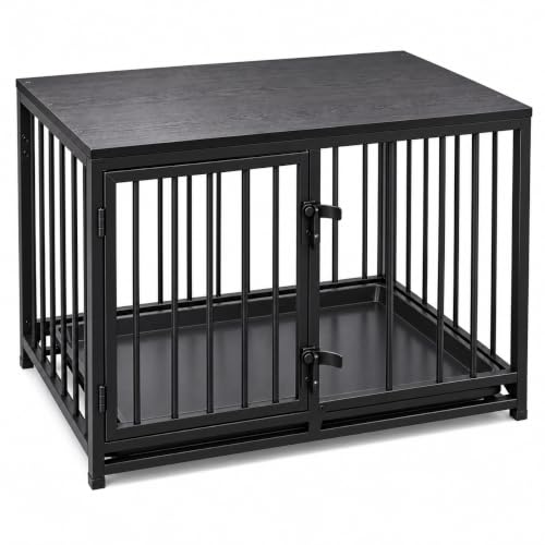 Dog Crate Furniture, 33.5" Metal Dog Kennel, Wood Tabletop, Black, view 2