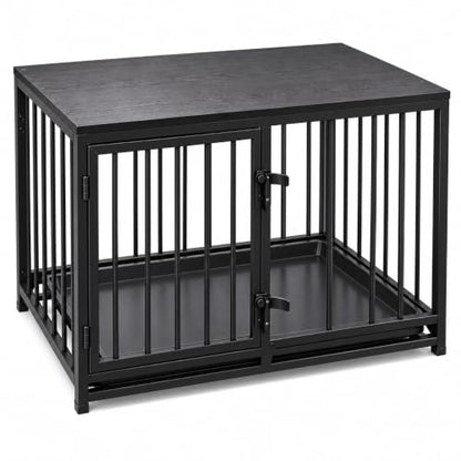Dog Crate Furniture, 33.5" Metal Dog Kennel, Wood Tabletop, Black, view 2