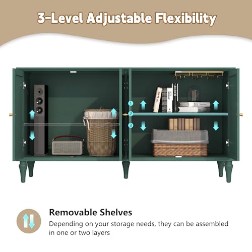 58'' Mid-Century Modern Buffet Storage Cabinet with 4 Doors and Adjustable Shelves, Accent Style Sideboard for Entryway, Dining Room, Living Room, Green