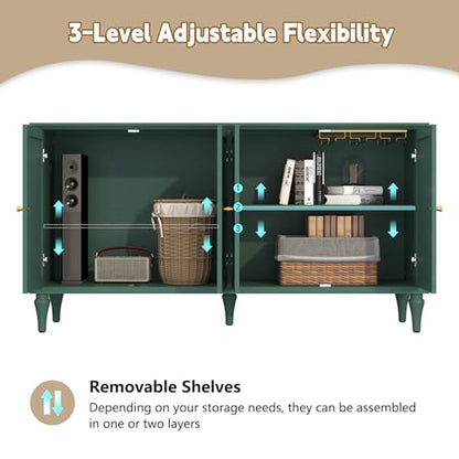 58'' Mid-Century Modern Buffet Storage Cabinet with 4 Doors and Adjustable Shelves, Accent Style Sideboard for Entryway, Dining Room, Living Room, Green