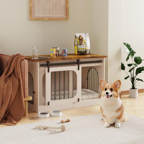XL Dog Crate Furniture,39.4" Decorative Dog Kennel with Barn Door & Cushion, view 8