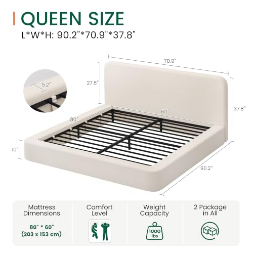 Queen Upholstered Platform Bed Frame with Padded Headboard, view 3