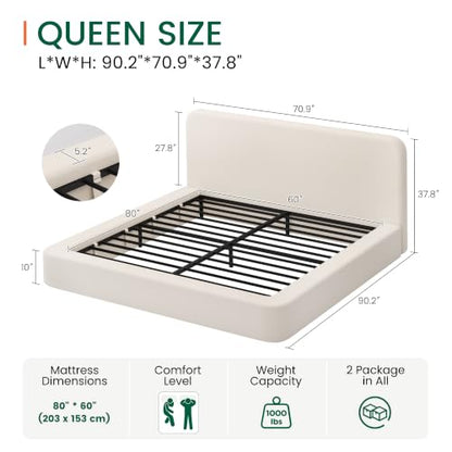 Queen Upholstered Platform Bed Frame with Padded Headboard, view 3