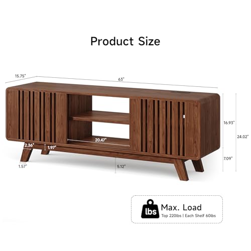 63-Inch TV Stand for TVs up to 75 Inch, Mid-Century Modern Television Stand with Power Outlet, Entertainment Center with Sliding Grille Door Cabinets and Open Shelves for Living Room, Walnut