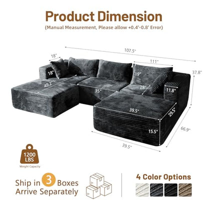 110" Modular Sectional Boneless Sofa with 2 Ottomans, U Shaped Cloud Couch for Living Room, Deep Seat Corduroy Floor Sofa, No Assembly Required, Compressed Couch, 5 Seat, Grey