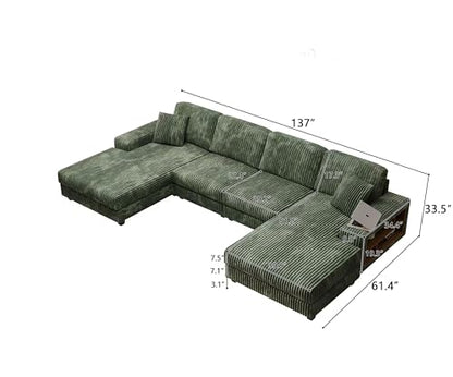 137” Oversized Corduroy Sectional Sleeper Sofa with Double Storage Chaise, U Shaped 4 Seat Sectional Couch,Green