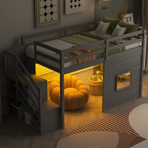 Loft Bed Twin Size with LED Lights for Kids,Grey | Under-Bed Play Space,Wide Staircase,Safety Guardrail,Wood Loft Beds