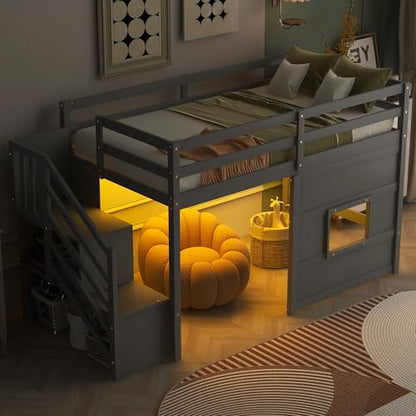 Loft Bed Twin Size with LED Lights for Kids,Grey | Under-Bed Play Space,Wide Staircase,Safety Guardrail,Wood Loft Beds