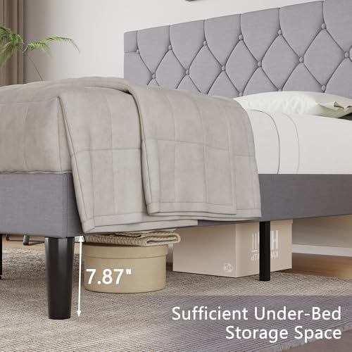 Full Bed Frame with Upholstered Tufted Headboard, Grey, view 7