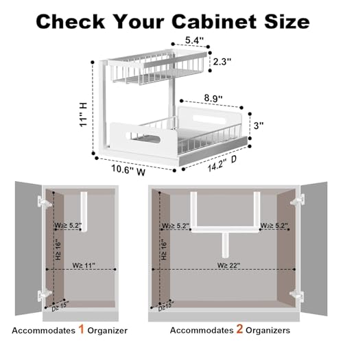 Under Sink Organizer, Pull Out Cabinet Organizer, 2 Tier Metal Slide Out Shelf with L Shaped Design for Kitchen, Bathroom, Laundry, and Utility Cabinet Storage for Deep Cabinets, White, 2 Pack