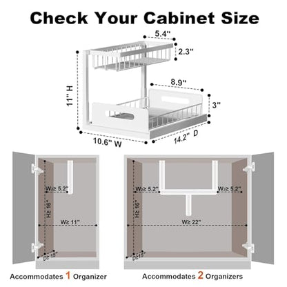 Under Sink Organizer, Pull Out Cabinet Organizer, 2 Tier Metal Slide Out Shelf with L Shaped Design for Kitchen, Bathroom, Laundry, and Utility Cabinet Storage for Deep Cabinets, White, 2 Pack